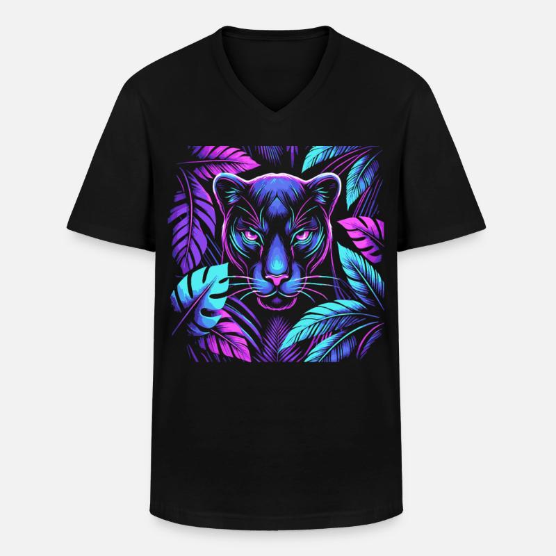 Lebendiger Panther mit tropischen Blättern Design - Männer-T-Shirt mit V-Ausschnitt - Schwarz