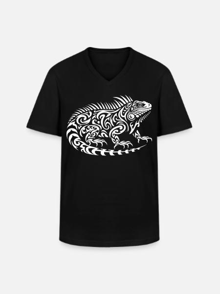 Iguane tribal - T-shirt col V Homme - noir