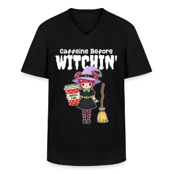 LA CAFÉINE AVANT LA SORCIÈRE - WITCH HALLOWEEN - T-shirt col V Homme - noir - Devant - AI Model Male 178 dark (178cm)