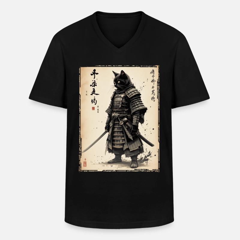 Samurai Katze, Japanischer Krieger & Kämpfer - Männer-T-Shirt mit V-Ausschnitt - Schwarz