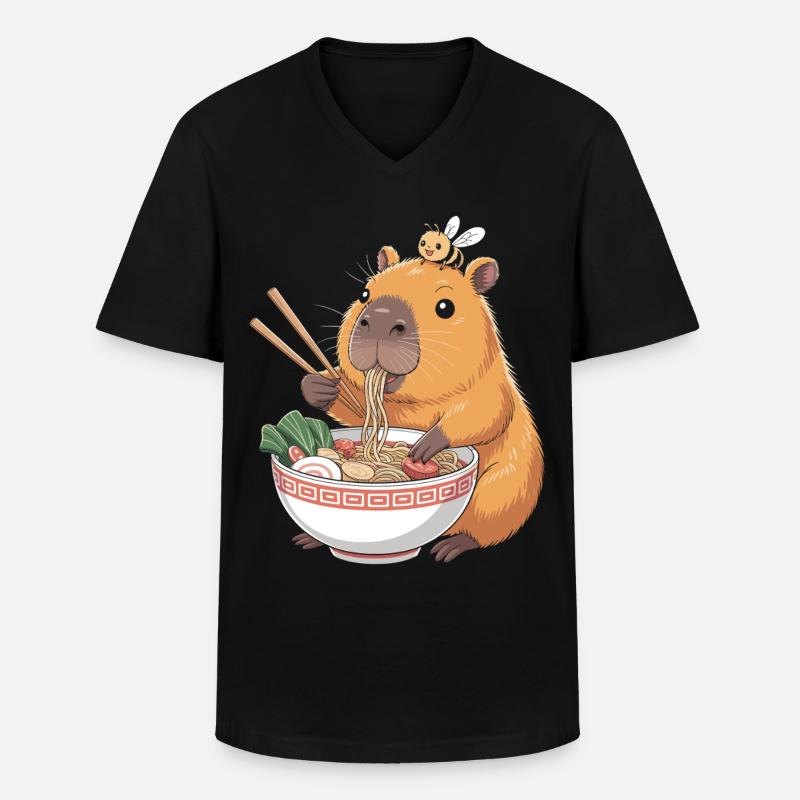 Capybara Ramen Kawaii Mit Biene - Männer-T-Shirt mit V-Ausschnitt - Schwarz