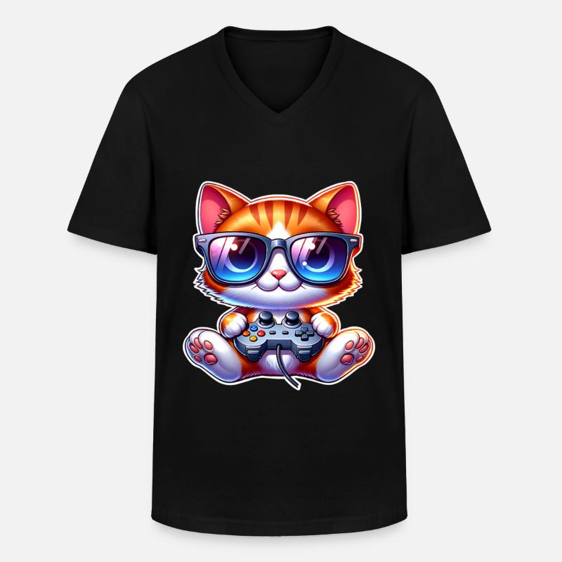 Gaming Katze  - Männer-T-Shirt mit V-Ausschnitt - Schwarz