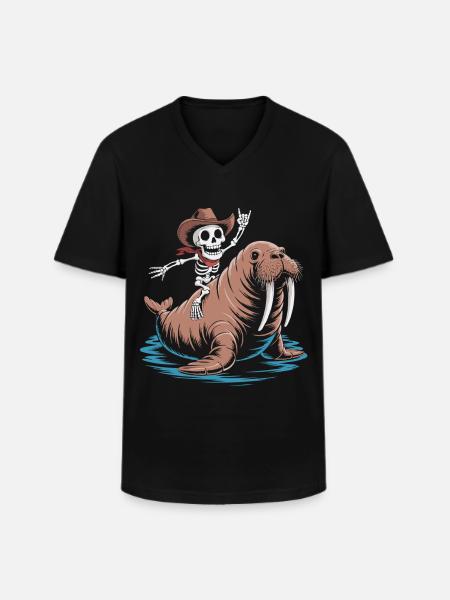 Skeleton cowboy on walrus - Men's V-Neck T-Shirt - black