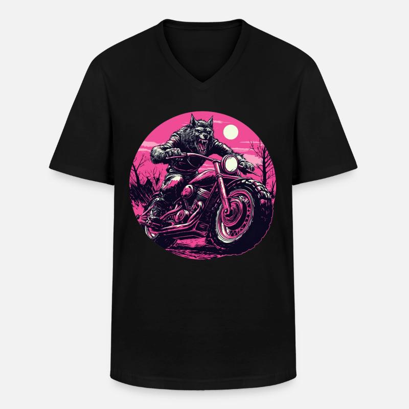 Werwolf auf Motorrad Neonpink - Männer-T-Shirt mit V-Ausschnitt - Schwarz