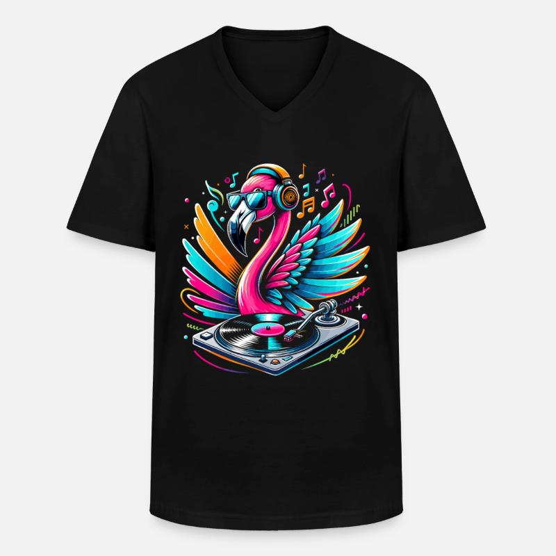 Flamingo DJ Neonbeat - Männer-T-Shirt mit V-Ausschnitt - Schwarz