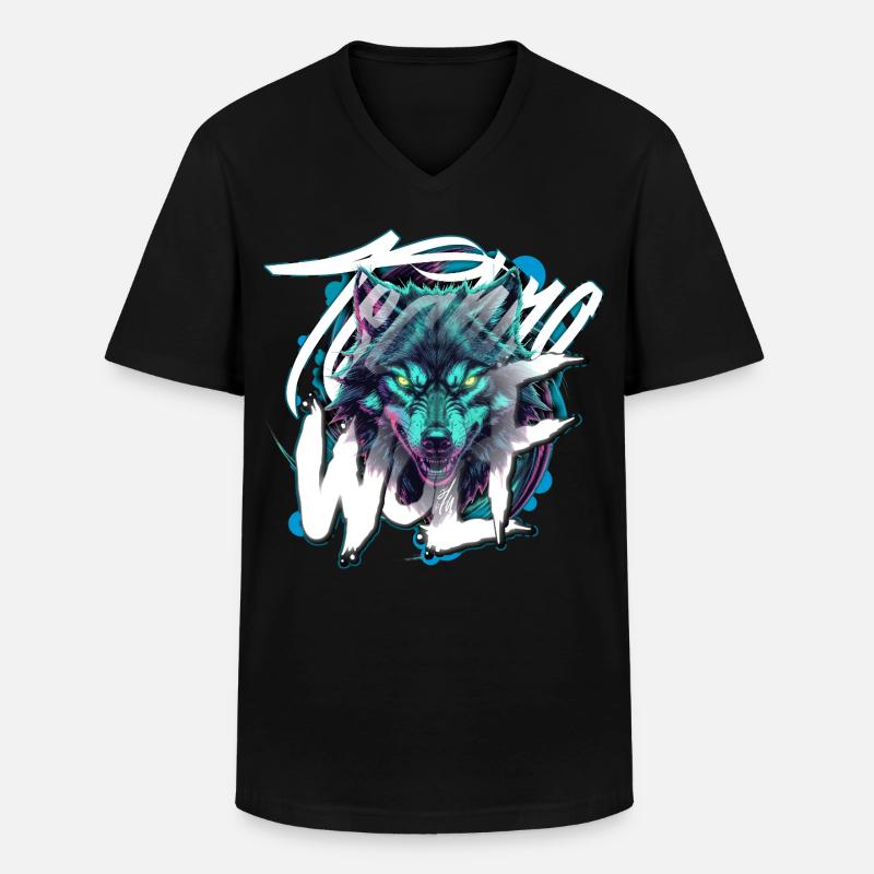 Neon Techno Wolf Head–Rave Wolf - Männer-T-Shirt mit V-Ausschnitt - Schwarz