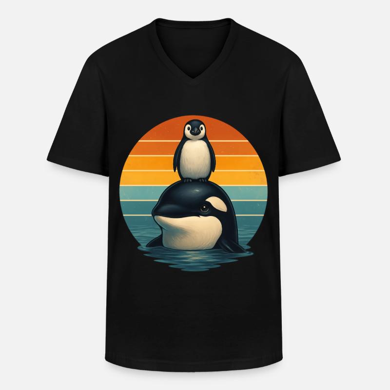 Orca Pinguin Retro Tierfreunde - Männer-T-Shirt mit V-Ausschnitt - Schwarz