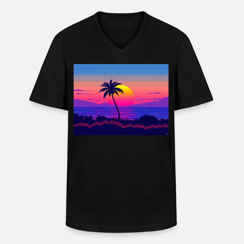 Neonpalmen-Sonnenuntergangsgradient - Männer-T-Shirt mit V-Ausschnitt - Schwarz