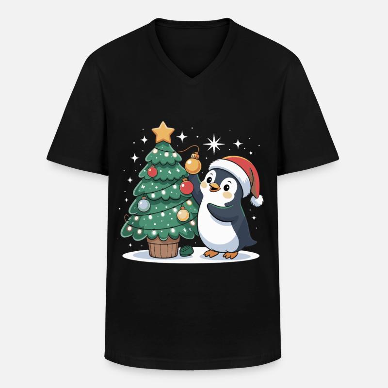 Pinguin schmückt Weihnachtsbaum - Männer-T-Shirt mit V-Ausschnitt - Schwarz