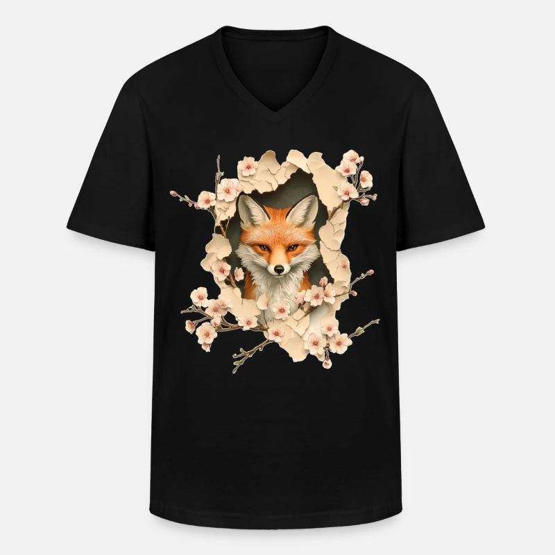 Fuchs mit Kirschblüten - Männer-T-Shirt mit V-Ausschnitt - Schwarz