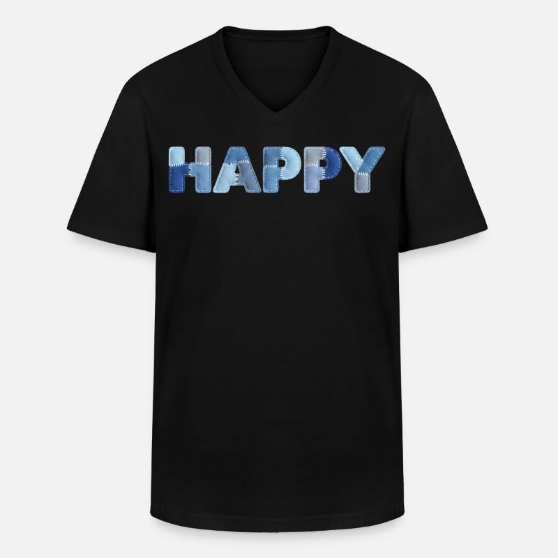 HAPPY Denim Patchwork New Trend - Men's V-Neck T-Shirt - black