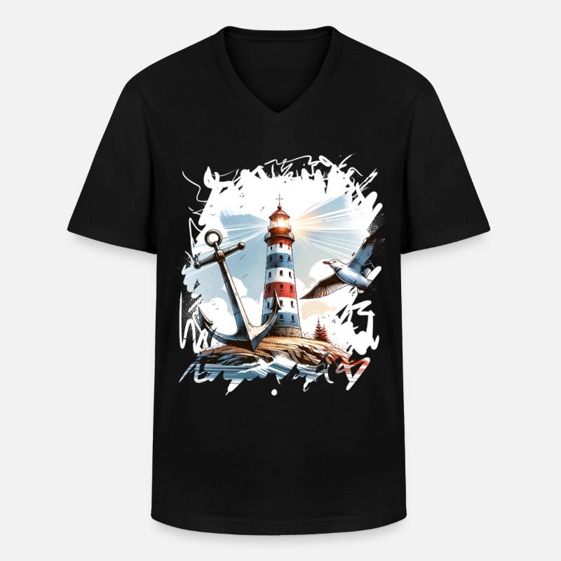 Leuchtturm Anker Möwe - Männer-T-Shirt mit V-Ausschnitt - Schwarz