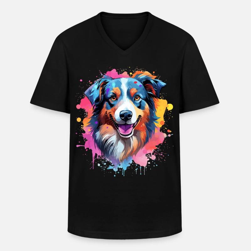 Farbenfrohe Splash-Kunst Australischer Schäferhund - Männer-T-Shirt mit V-Ausschnitt - Schwarz