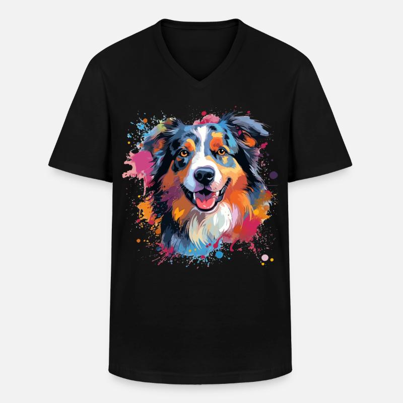 Australian Shepherd Bunte Hunde-Splash-Kunst - Männer-T-Shirt mit V-Ausschnitt - Schwarz