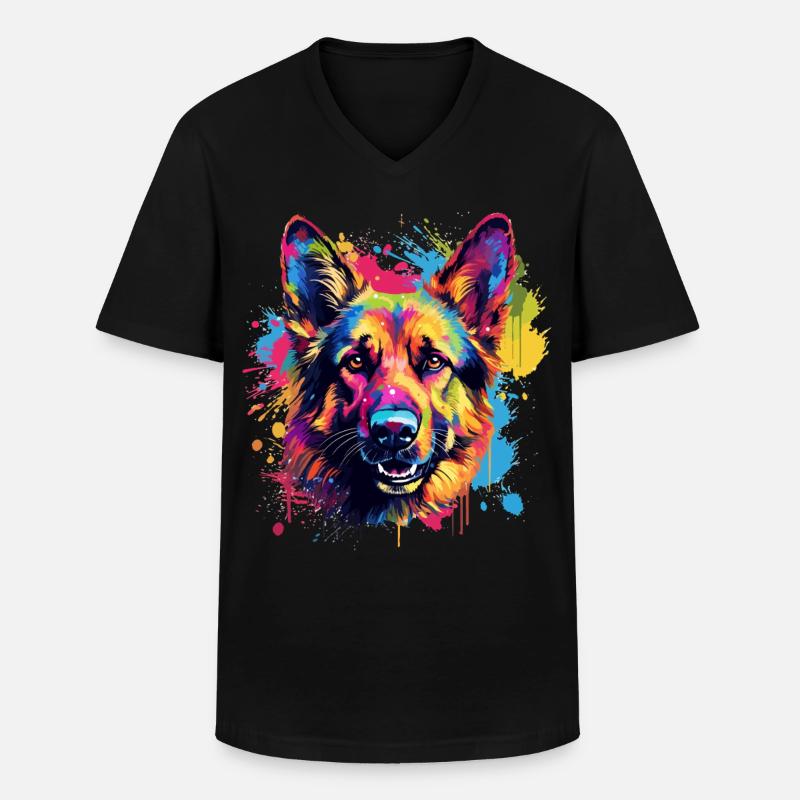 Deutscher Schäferhund Spritzkunst bunt - Männer-T-Shirt mit V-Ausschnitt - Schwarz