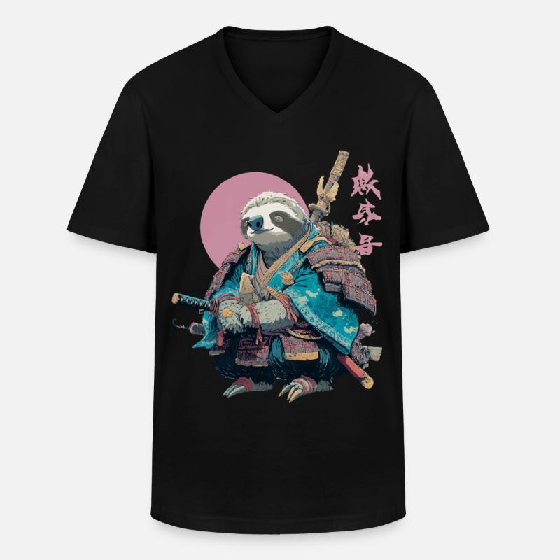 Faultier-Samurai in blauer Rüstung - Männer-T-Shirt mit V-Ausschnitt - Schwarz