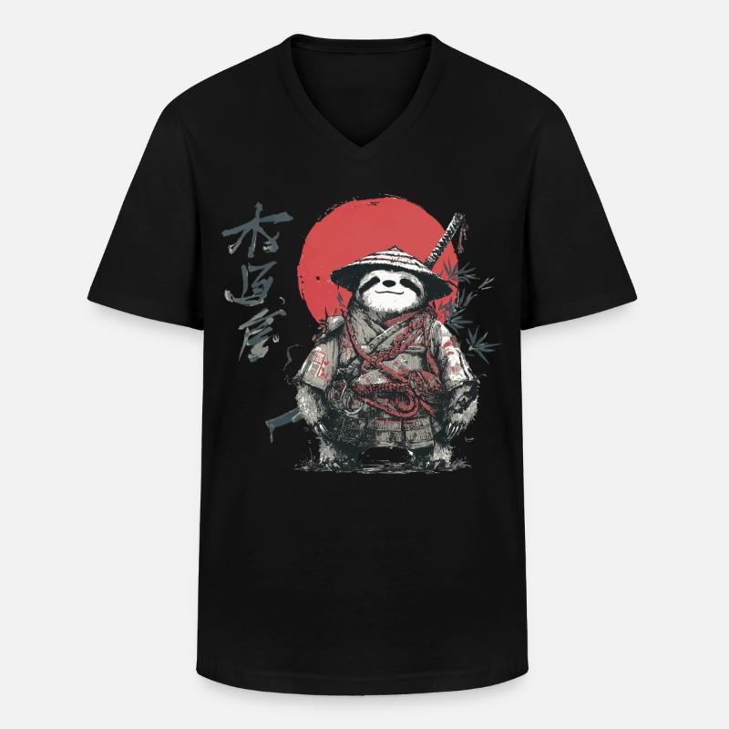 Faultier-Samurai unter roter Sonne - Männer-T-Shirt mit V-Ausschnitt - Schwarz