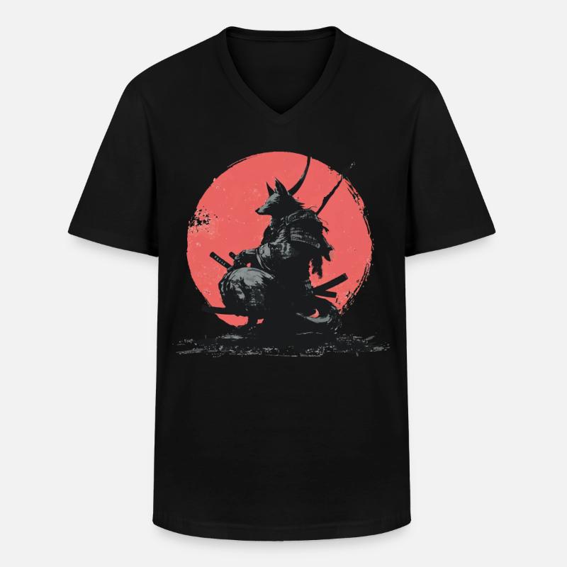 Wolf-Samurai auf Red Sun - Männer-T-Shirt mit V-Ausschnitt - Schwarz