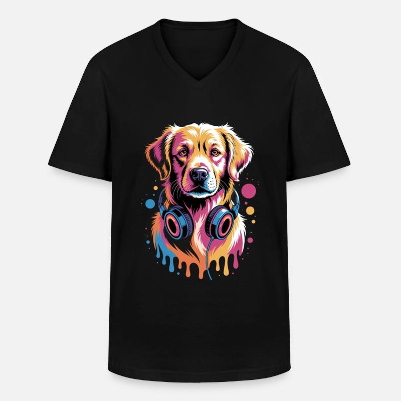 Golden Retriever mit Kopfhörer - Männer-T-Shirt mit V-Ausschnitt - Schwarz