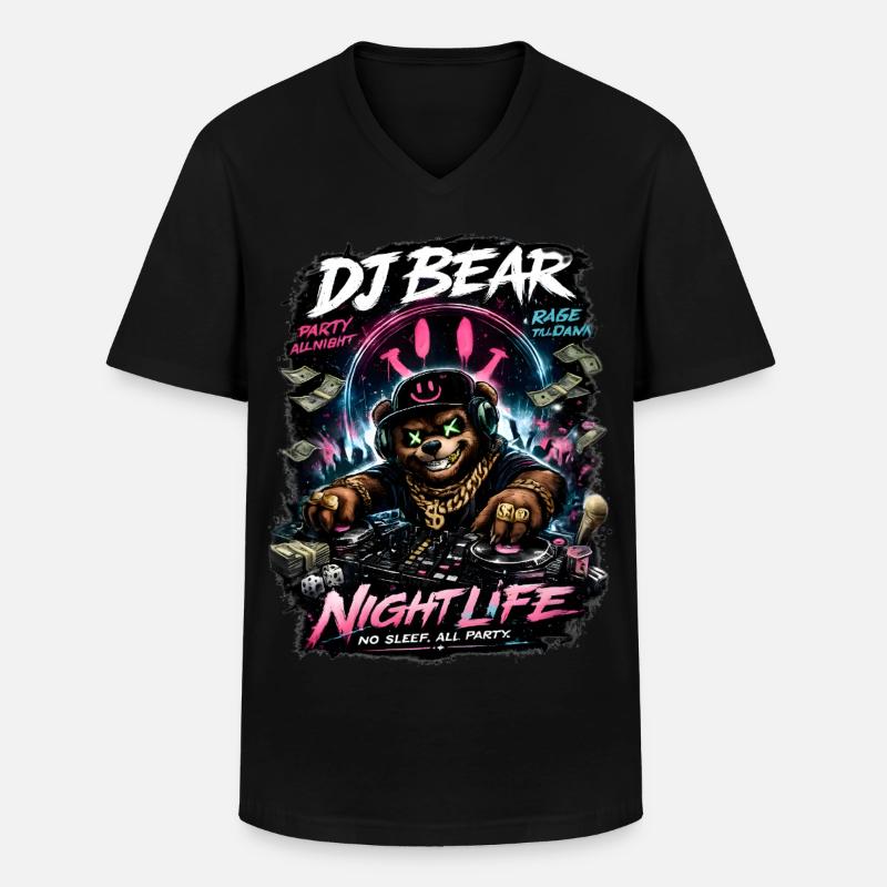 DJ Bear Nachtleben Orso Neon - Männer-T-Shirt mit V-Ausschnitt - Schwarz