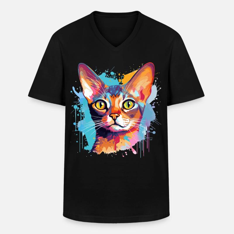 Abessinisches Katzengesicht – bunte Splash-Kunst - Männer-T-Shirt mit V-Ausschnitt - Schwarz