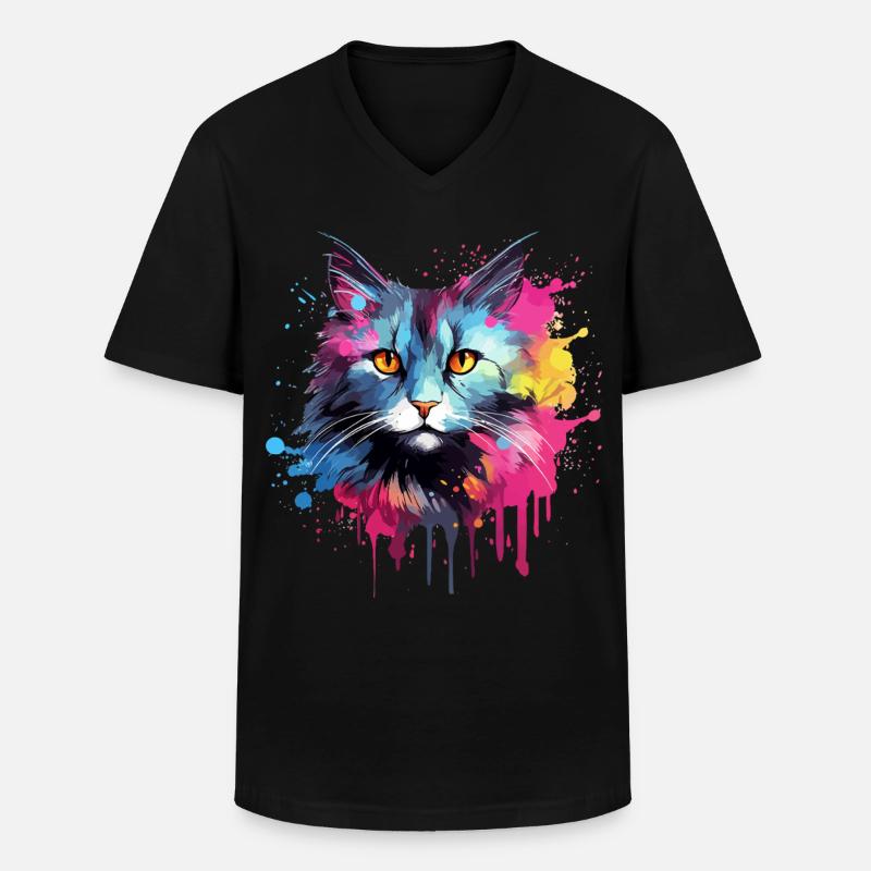 Amerikanischer Bobtail-Katzengesicht – bunte Splash-Kunst - Männer-T-Shirt mit V-Ausschnitt - Schwarz