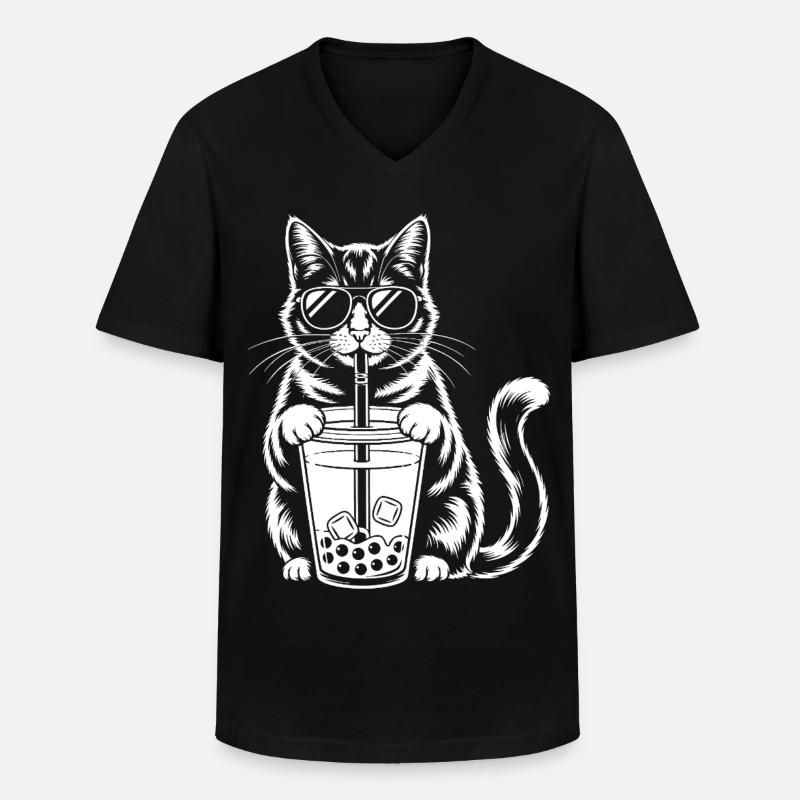 Katze mit Bubble Tee - Männer-T-Shirt mit V-Ausschnitt - Schwarz