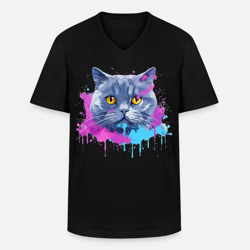 Bunte Splash-Kunst Britisches Kurzhaar-Katzengesicht - Männer-T-Shirt mit V-Ausschnitt - Schwarz