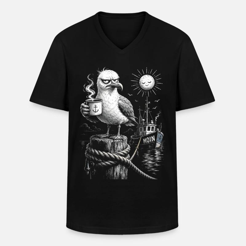 MOIN – Grumpy Seagull with Coffee - Men's V-Neck T-Shirt - black