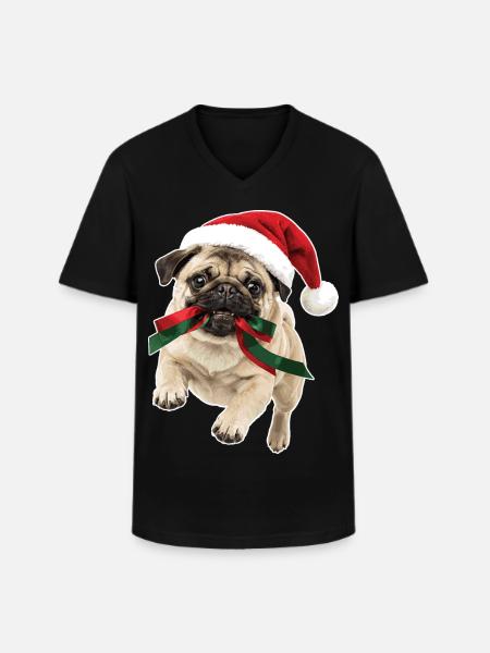 Verspielter Weihnachts Mops - Männer-T-Shirt mit V-Ausschnitt - Schwarz