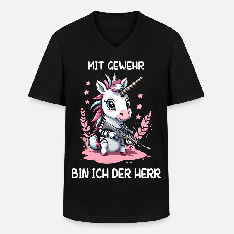 Einhorn mit Jagdgewehr - Männer-T-Shirt mit V-Ausschnitt - Schwarz