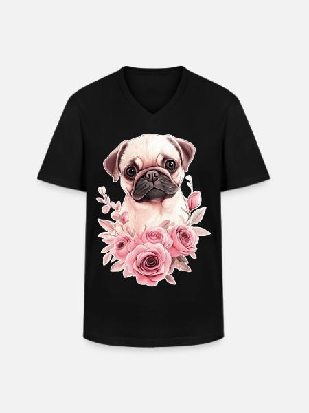 Pug with flowers - Men's V-Neck T-Shirt - black