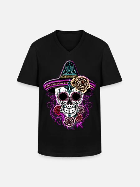 Sugar Skull Halloween Roses Sombrero - Men's V-Neck T-Shirt - black