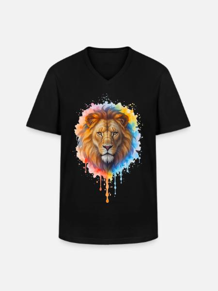 Lion à l’aquarelle - T-shirt col V Homme - noir