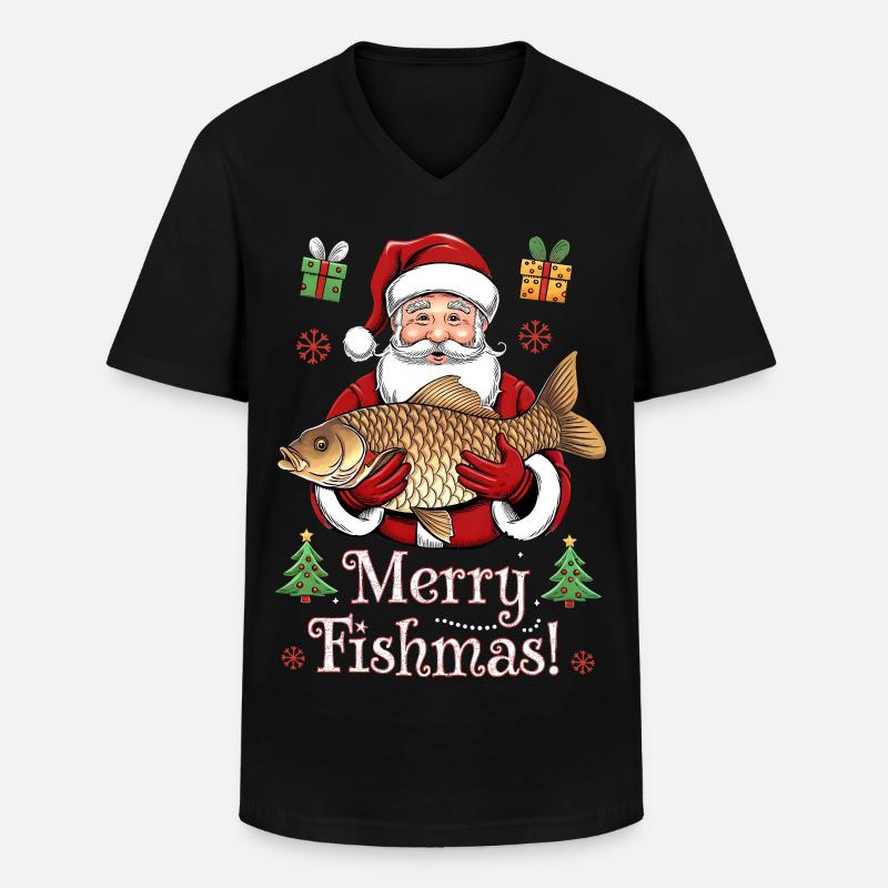 Angler Weihnachtspullover Merry Fishmas Karpfen - Männer-T-Shirt mit V-Ausschnitt - Schwarz