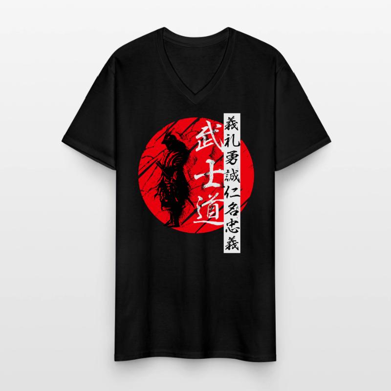 Bushido Code Samurai Warrior Kanji Black Men's V-Neck T-Shirt
