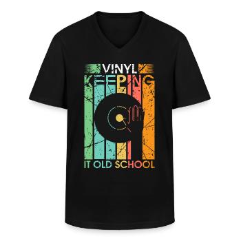 Vinyl old school draaitafel vinylplaten DJ - Klassiek mannen T-shirt met V-hals - zwart - Voor - AI Model Male 178 dark (178cm)