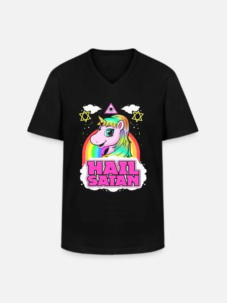 Hail Satan Unicorn - Death Metal Rainbow Design - Men's V-Neck T-Shirt - black