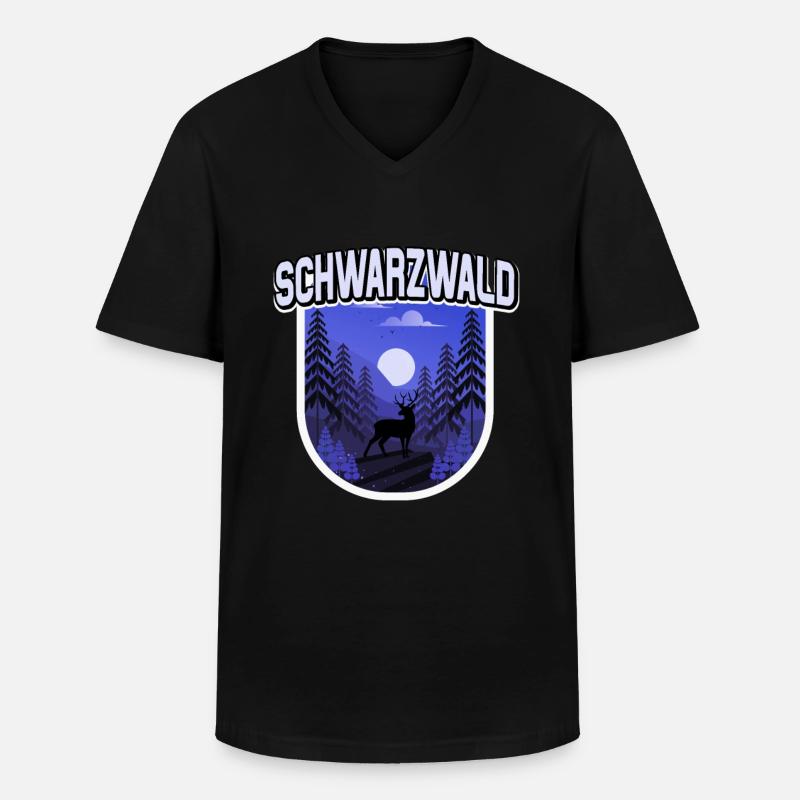 Schwarzwald Illustration Wald Bäume Hirsch - Männer-T-Shirt mit V-Ausschnitt - Schwarz