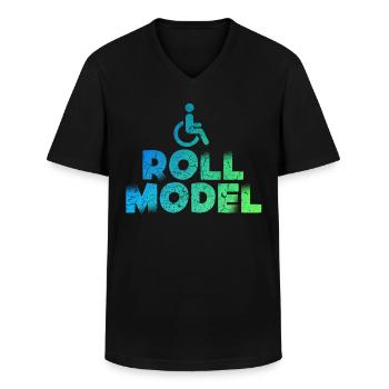 Modèle en fauteuil roulant - T-shirt col V Homme - noir - Devant - AI Model Male 178 dark (178cm)
