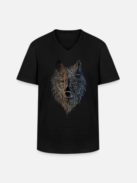 Wolf Animal Face T Shirt Animal Motiv Print - Klassisk herre T-shirt med V-udskæring - sort