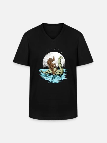 Bigfoot rides Loch Ness monster - Men's V-Neck T-Shirt - black