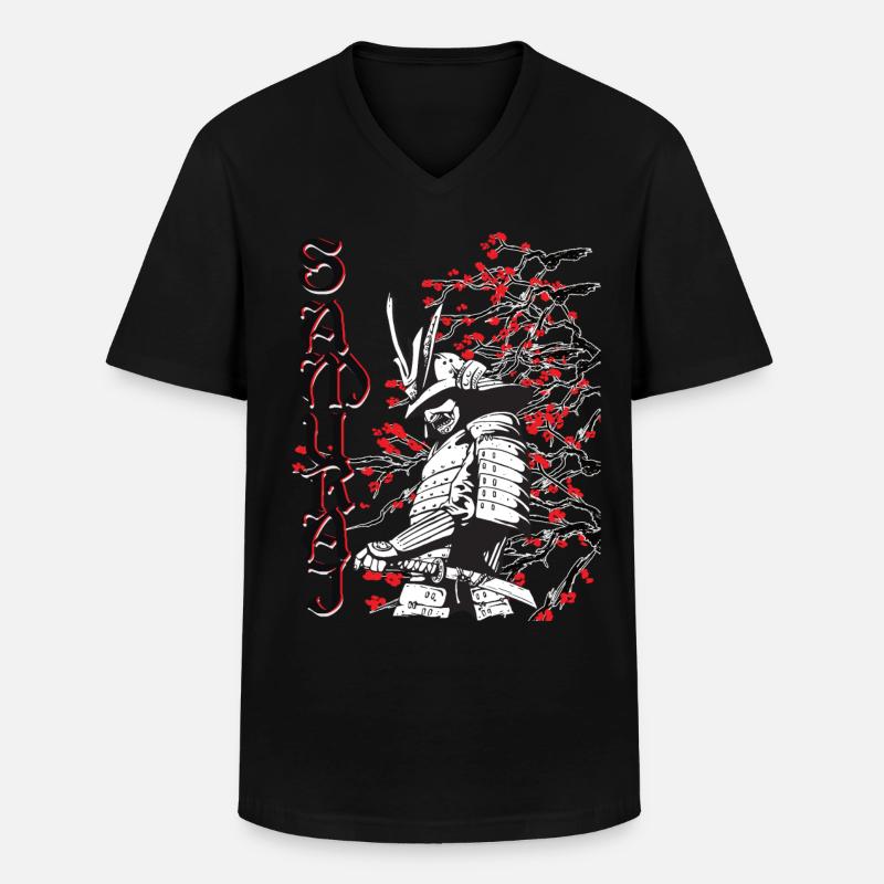 Samurai mit Kirschblüten - Männer-T-Shirt mit V-Ausschnitt - Schwarz