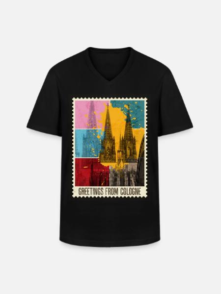 Kölnerdomen Tyskland City Skyline Frimerke - Klassisk T-skjorte med V-hals for menn - svart