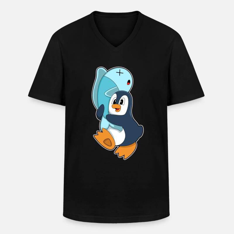 Pingouin avec du poisson - T-shirt col V Homme - noir