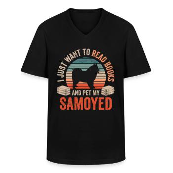 Reading and stroking Samoyeds Samoyedenspitz - Men's V-Neck T-Shirt - black - Front - AI Model Male 178 dark (178cm)