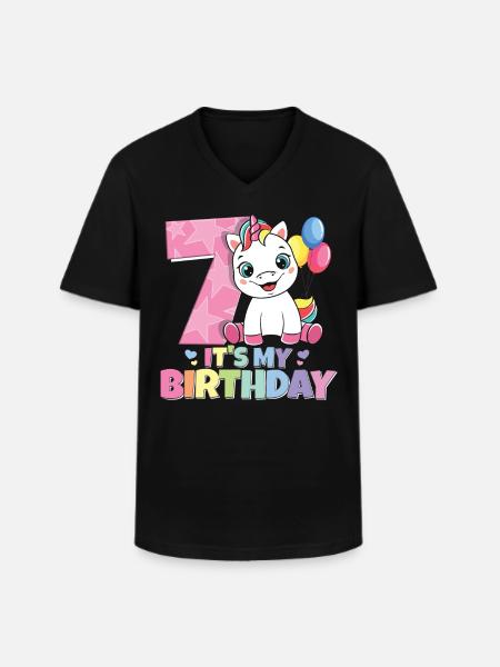 Rainbow Unicorn 7th Birthday Girl 7 år - T-shirt med V-ringning herr - svart