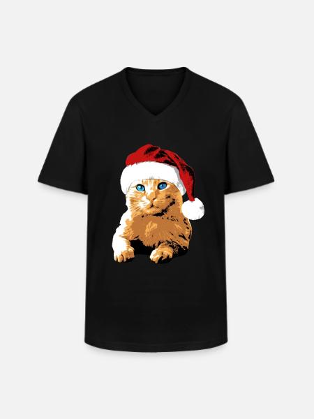Cat Blue Eyes Christmas Hat Christmas - Maglietta da uomo classica con scollo a V - nero