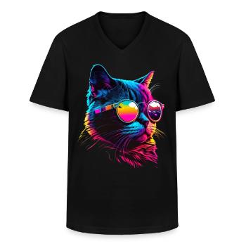 Cat Vaporwave Esthétique Rétro - T-shirt col V Homme - noir - Devant - AI Model Male 178 dark (178cm)