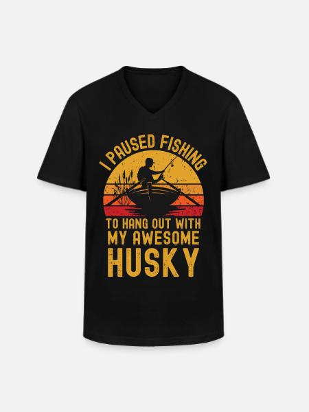 Fishing, fishing and husky - Men's V-Neck T-Shirt - black